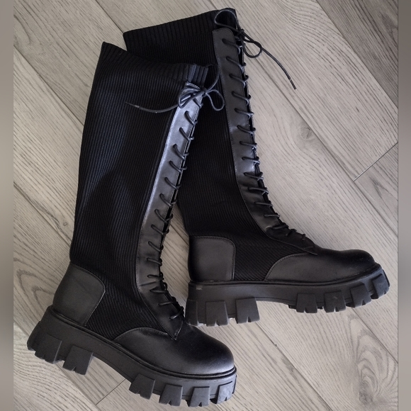 CALL IT SPRING Leahh Black Moto Knee High Boots Size 7 1/2 CHUNKY HEEL - Picture 2 of 9